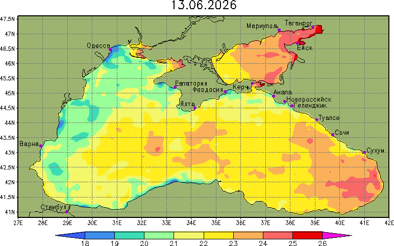 Карта температуры воды в Чёрном море и Азовском море в Крыму